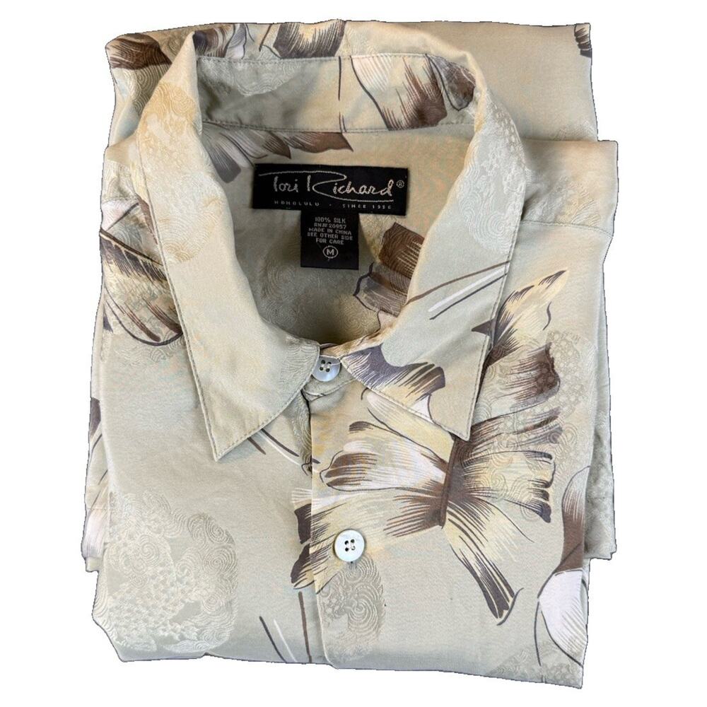 Louis Richard 100% Silk Hawaiian Shirt Men’s M Beige Floral Aloha Short Sleeve